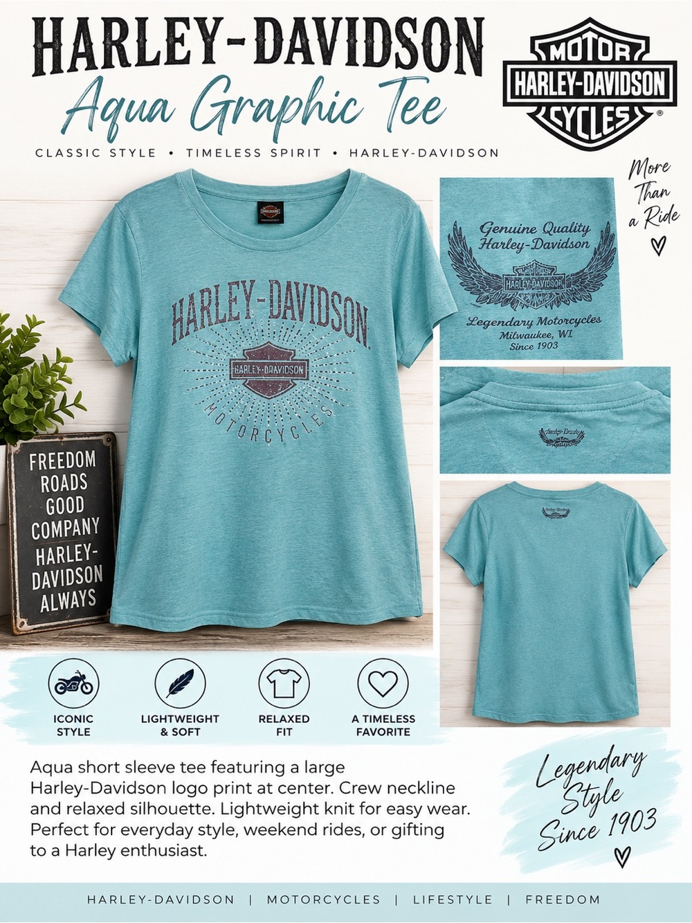 Harley-Davidson Aqua Tee with Center Logo